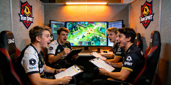 DOTA2战队Team Spirit队员在比赛隔音房内激烈讨论战术的场景